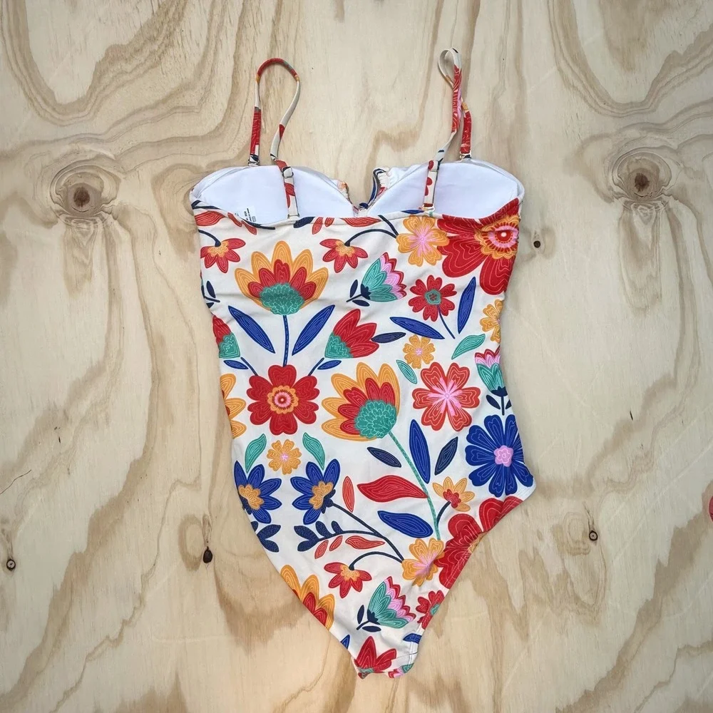 Floral One Piece Swimsuit Ruched Drawstring Padded Multicolor Retro Size M